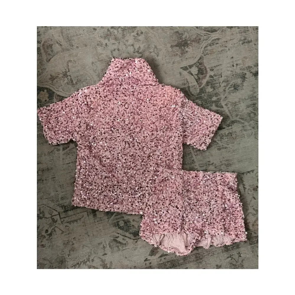 Pink Velour Sequin Matching Set Turtleneck and Mini Shorts XS